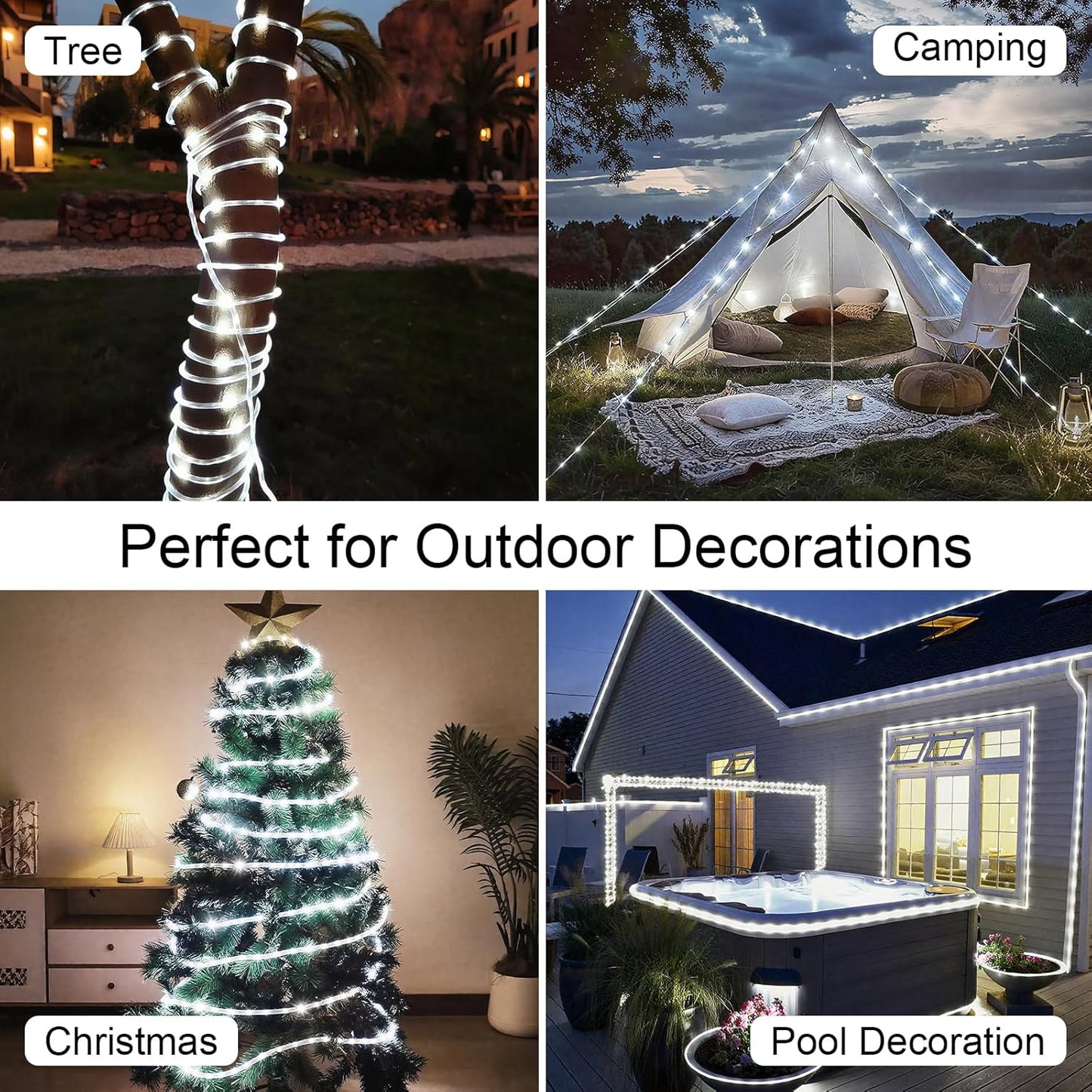 Total 66FT 200LED Solar Rope Lights Outdoor Waterproof, White Solar Powered Fairy Lights with 8 Modes, Flexible Solar String Lights for Garden, Patio, Camping, Christmas Decor-2 Pack