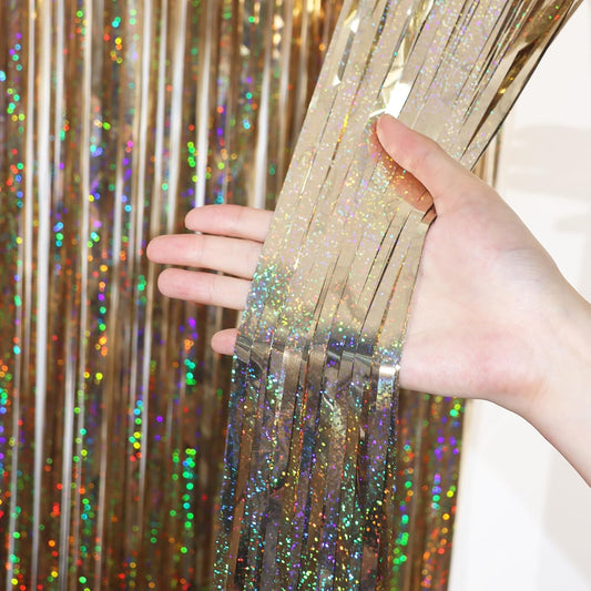 3.3 x 6.6 ft Foil Fringe Backdrop Curtains, Tinsel Streamers Party Decorations, Fringe Backdrop for Birthday, Baby Shower, Gender Reveal, Graduation (3, Champagne)