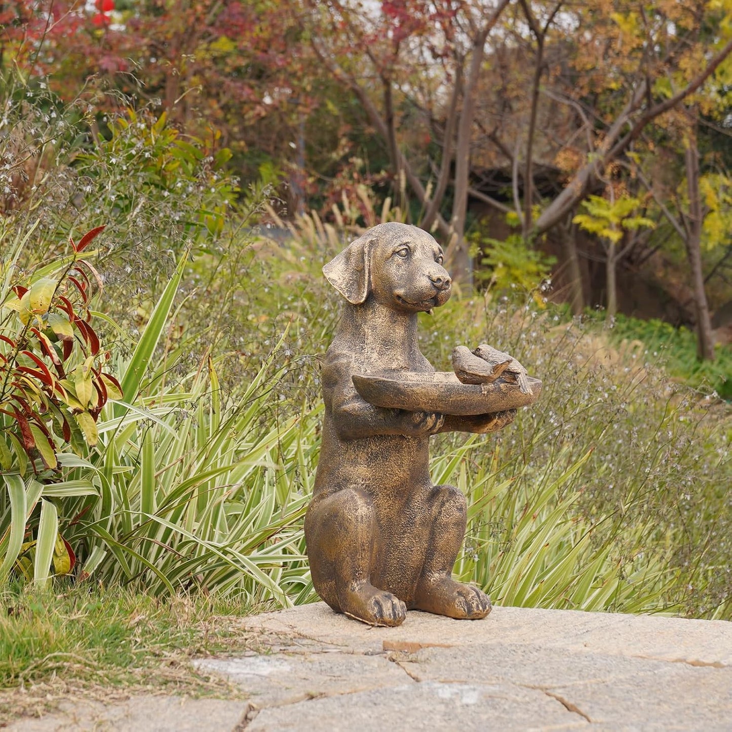 Cynkeyee Outdoor-Statues Garden Decor Bird Bath - Large Dog Statue Bird Feeder Statues for Outside Yard Lawn Patio Gardening Gifts for Women Fairy Garden 15x10x19 Inch (Copper)