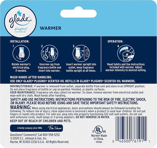 Glade PlugIns Air Freshener Warmer, Scented and Essential Oils for Home and Bathroom, Up to 70 Days on Low Setting, 2 Count