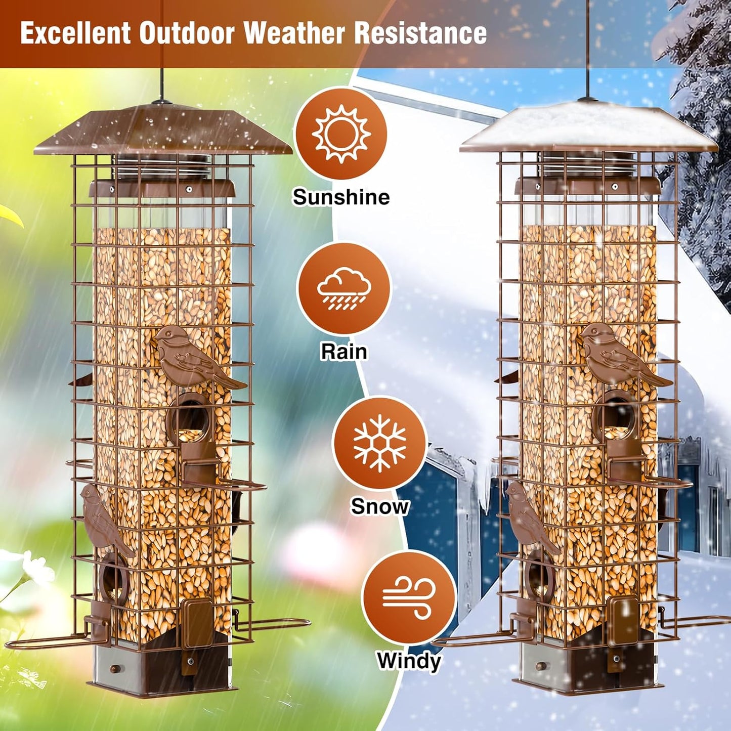 Squirrel-Proof Metal Bird Feeder with Removable Base, Weight-Activated Cage, Easy to Clean, Sturdy & Rust-Resistant, 3 lb Capacity, Outdoor Hanging Tube Bird Feeder for Cardinals & Finches