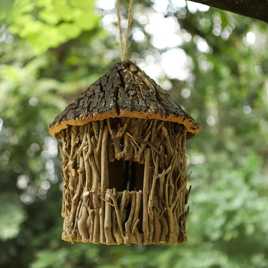 Twig-Covered Cylinder Birdhouse Squirrel House, 2.4" Entry for Medium Birds, Natural Branch Exterior & Waterproof Interior, Woodland Garden Backyard Decor