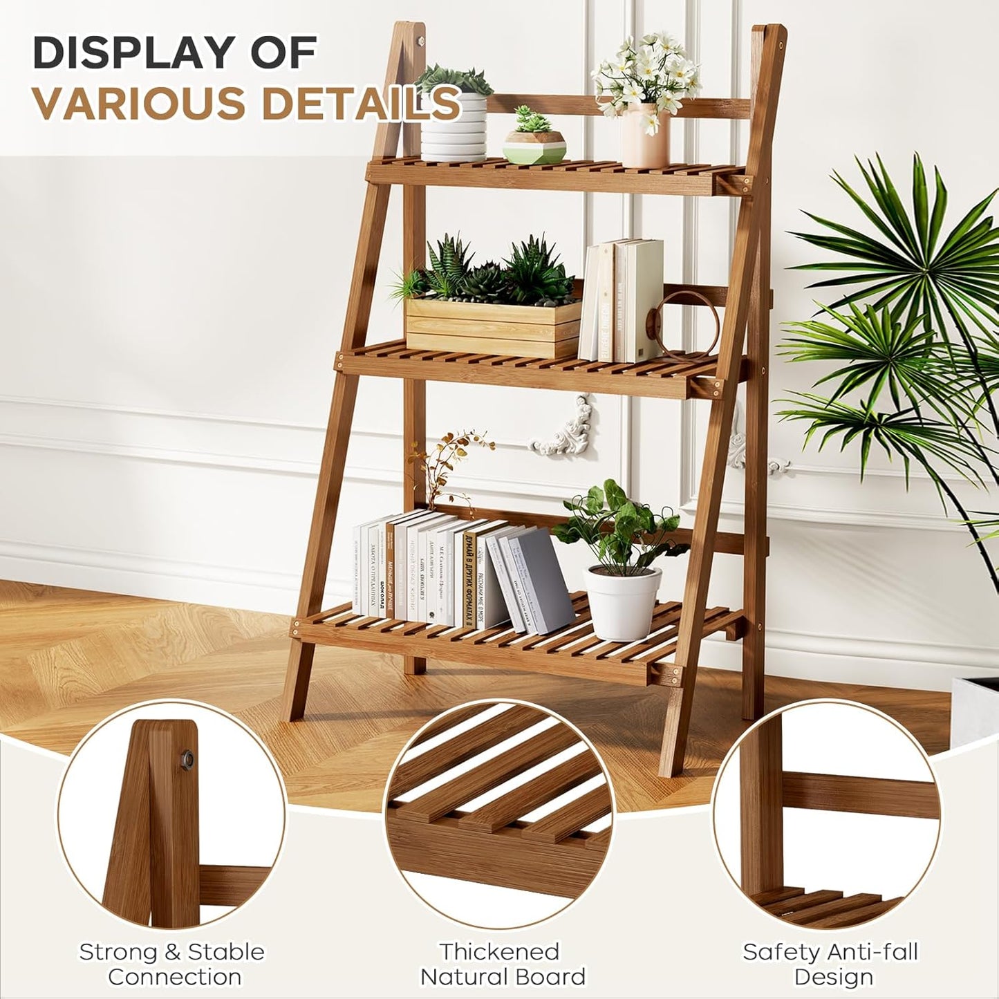 39.4" Bamboo Ladder Shelf Plant Shelf, 3 Tier Foldable Ladder Flower Pot Display Shelf Rack, 23.6"W x 15"D x 39.4"H, Freestanding Bookshelf for Garden, Balcony, Yard, Patio, Lawn, Living Room, Walnut