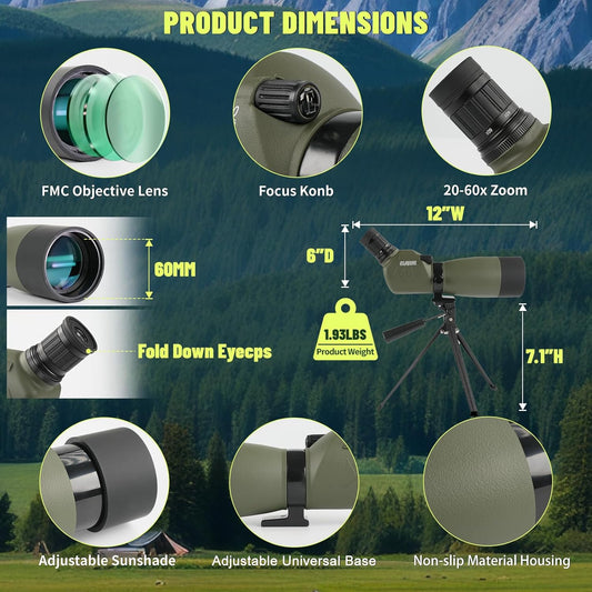 20-60x60 Spotting Scope, IPX7 Floating Waterproof Spotting Scopes for Target Shooting with Tripod BAK4 Prism & FMC Lens, Spotter Scope for Birding Wildlife Viewing, Phone Adapter Carrying Bag, Green
