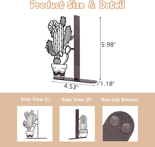 Metal Cactus Planter Book Ends, Dual Wave Pot Design Unique Cute Bookends with Rust Proof Coating, Home Office Decor & Gift for Book Lovers(Brown)