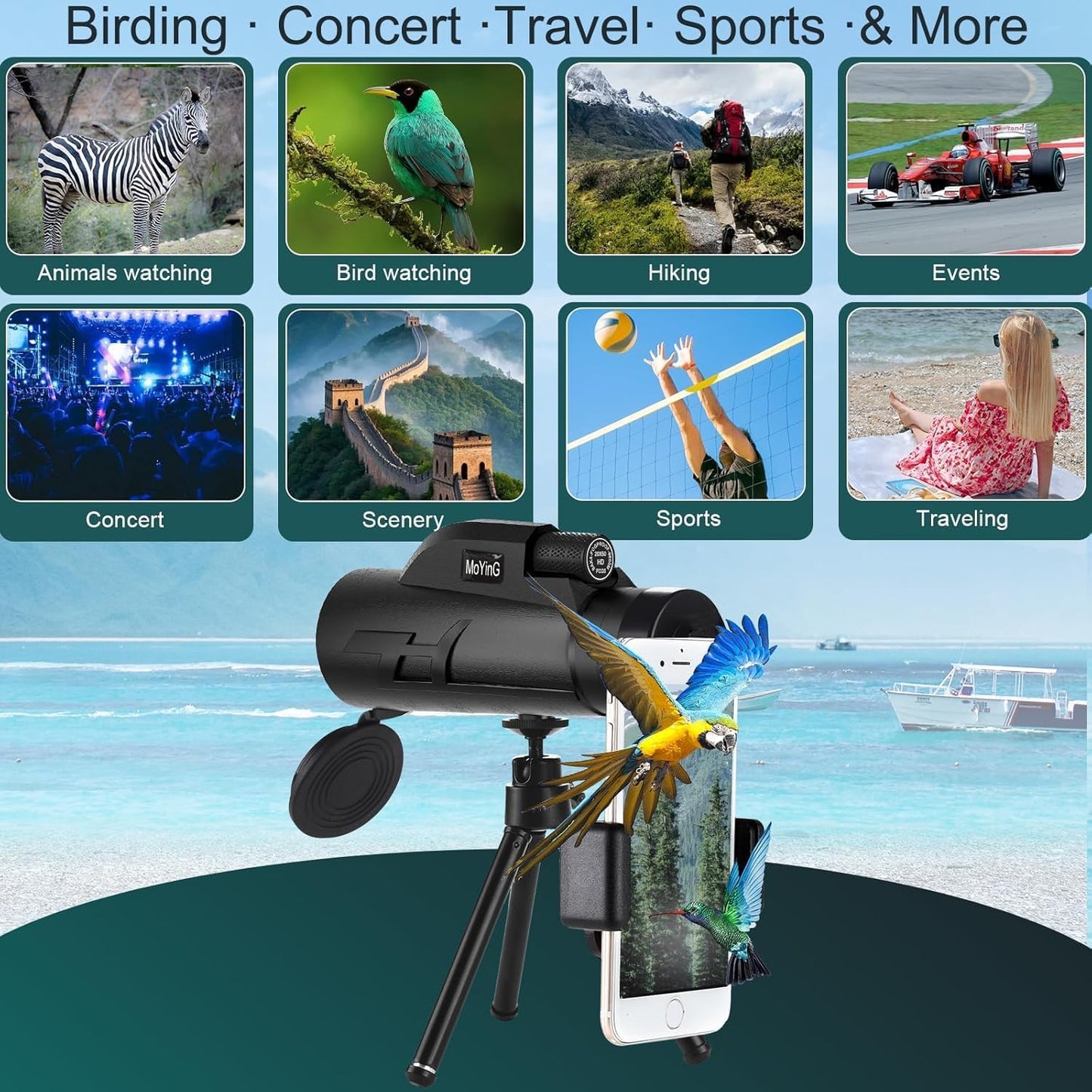20x50 HD Monocular for Adults with Phone Adapter and Tripod, 50mm Objective Lens, Multi-Coated Optics, BaK-4 Prism, Belt Case