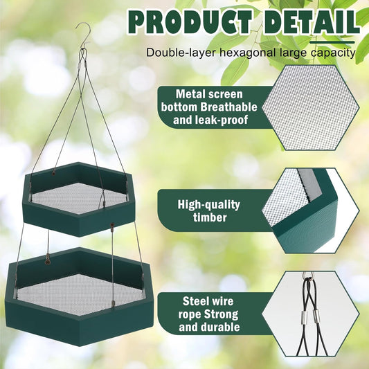 2 Pack 2 Tier Large Platform Bird Feeders for Outdoors Hanging Green Pine Wood Flat Birds Feeder Tray Outdoor Wild Bird Seed Feeder and Decor, Hexagon