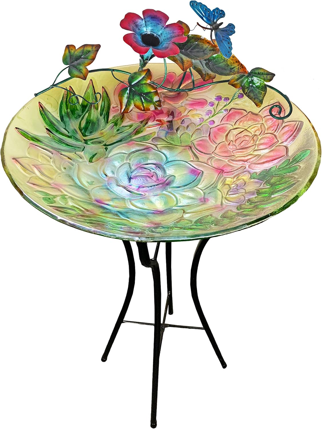 Continental Art Center Inc. CAC3888236 18'' Holographic Painted Succulents Glass Bird Bath/Feeder, Fountain, Decorative Plate, Blue, Pink