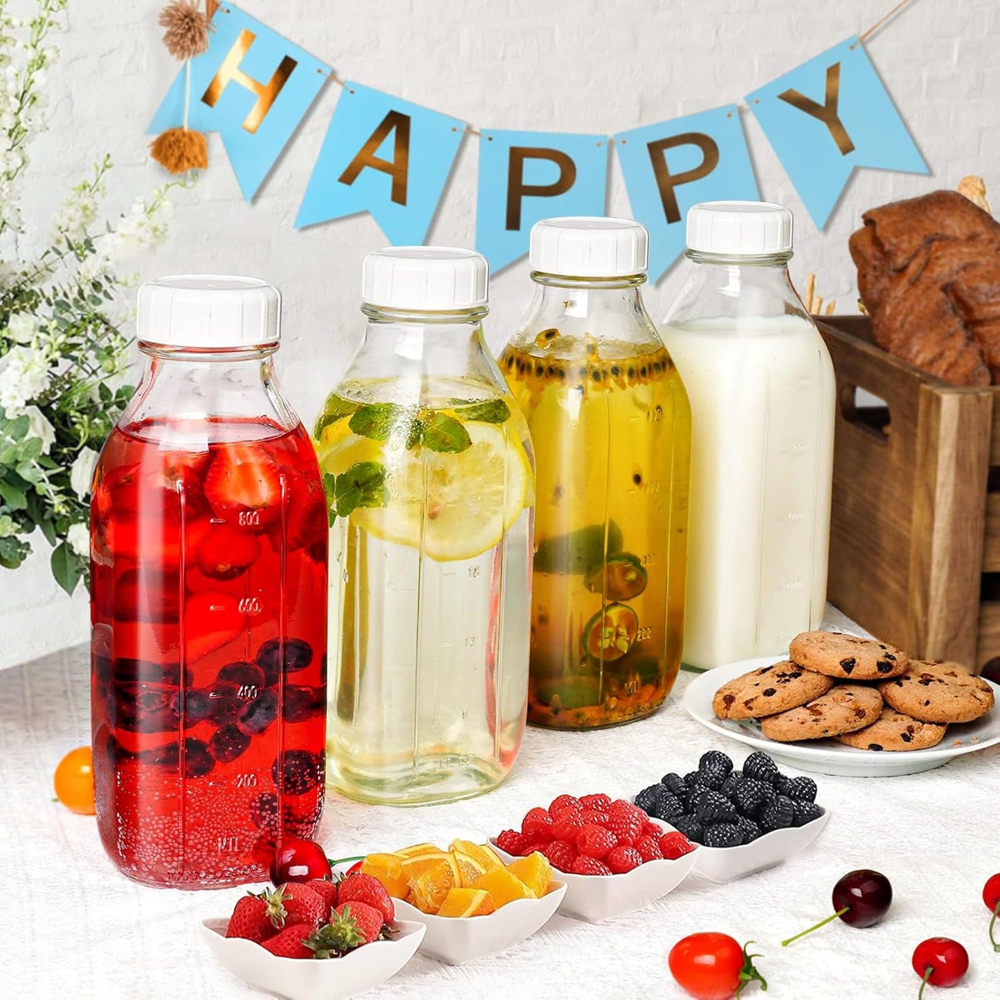 2 Pack Glass Milk Bottle with 2 Dispenser Caps, 100% Airtight Heavy Du