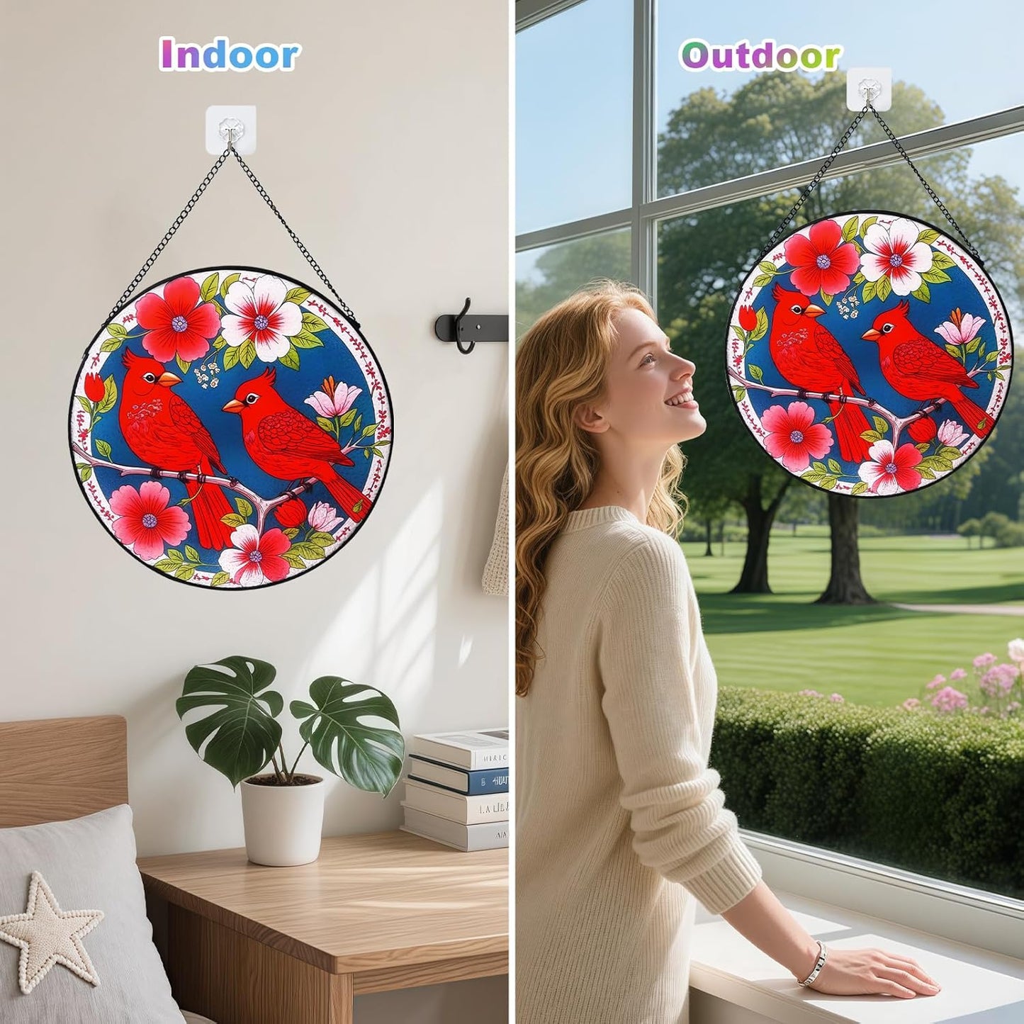 Stained Glass Window Hanging - Cardinal Stained Glass Suncatcher, Cardinal Gifts for Women-Red Bird Sun Catcher for Indoor Window Decor (12Inch)
