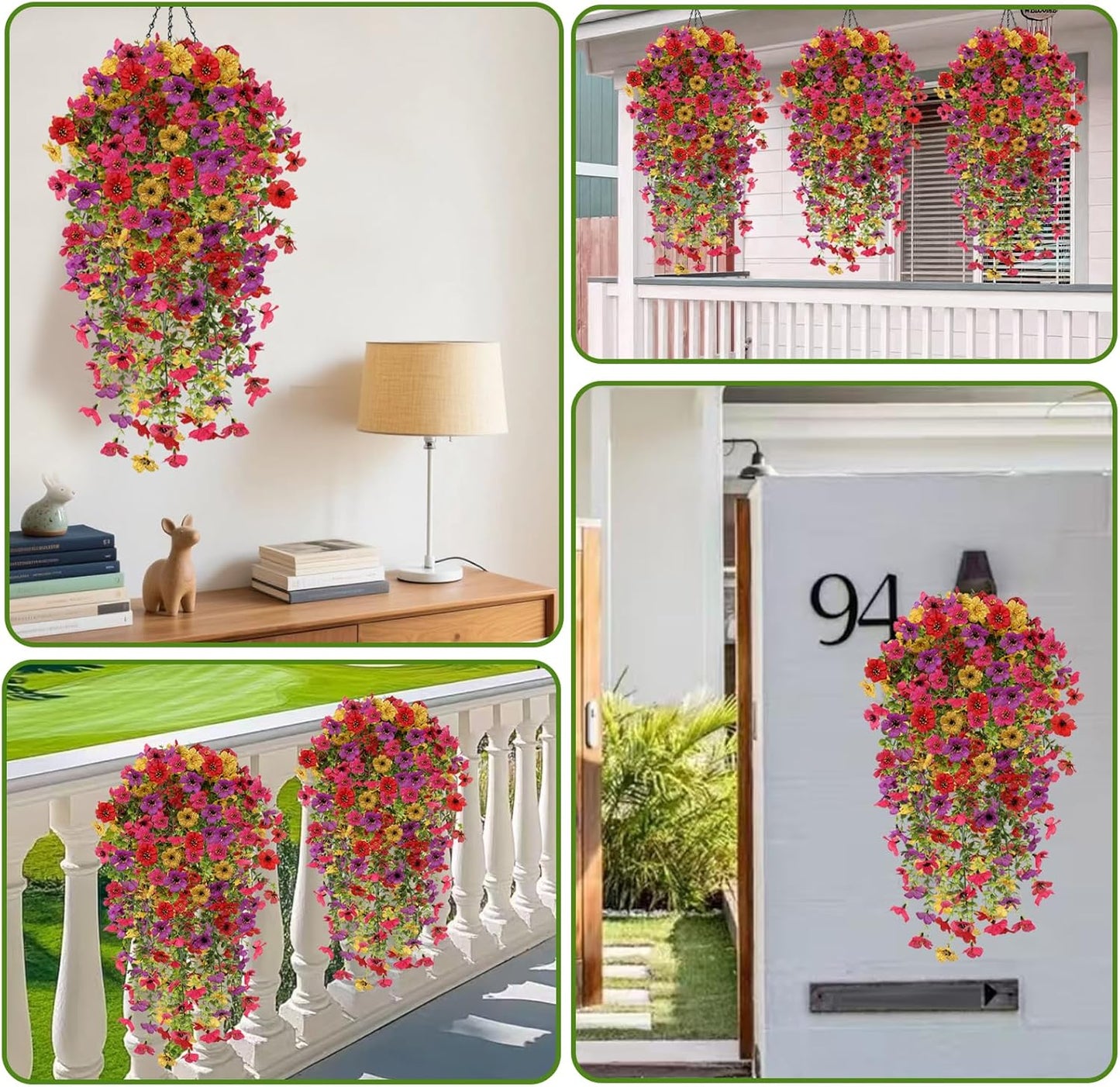 4PCS Artificial Hanging Flowers for Outdoors Summer Decoration, Upgrade UV Resistant Faux Silk Hanging Plants for Outside Home Planter Porch Patio Decor (Multicolour)