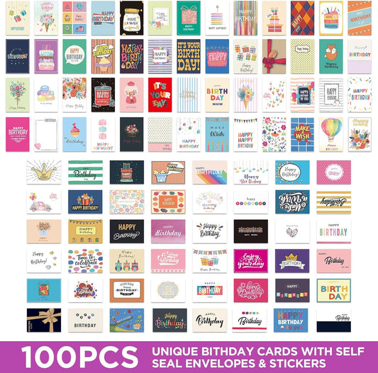 100 Unique Birthday Cards with Envelopes - Assorted Happy Birthday Cards, 4 x 6 inches, Envelopes & Stickers in Bulk Boxed Set