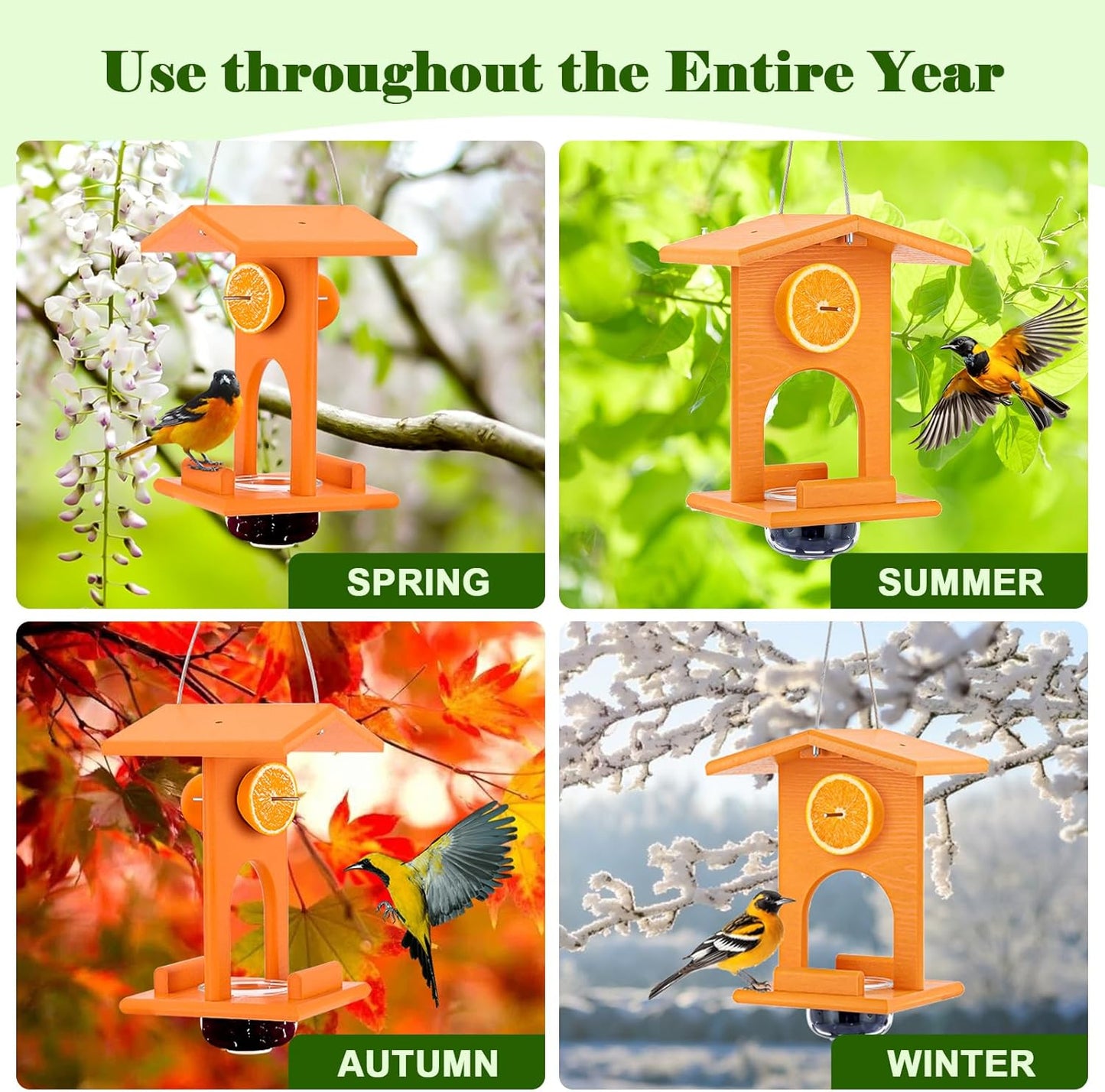 Oriole Feeders for Outdoors Hanging,All-in-One Recycled Plastic Oriole Feeder with A Removable Glass Cup Jelly or Jam, Fruit, Nectar or Seed for Orioles,Orange,1 Pack