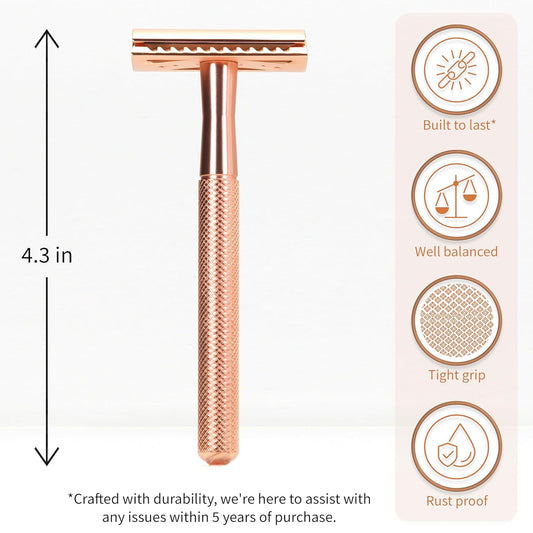 Bambaw Safety Razor for Women with 5 Double Edge Blades, Double Edge Razor, Single Blade Razors for Women and Men, Reusable & Plastic Free β Rose Gold