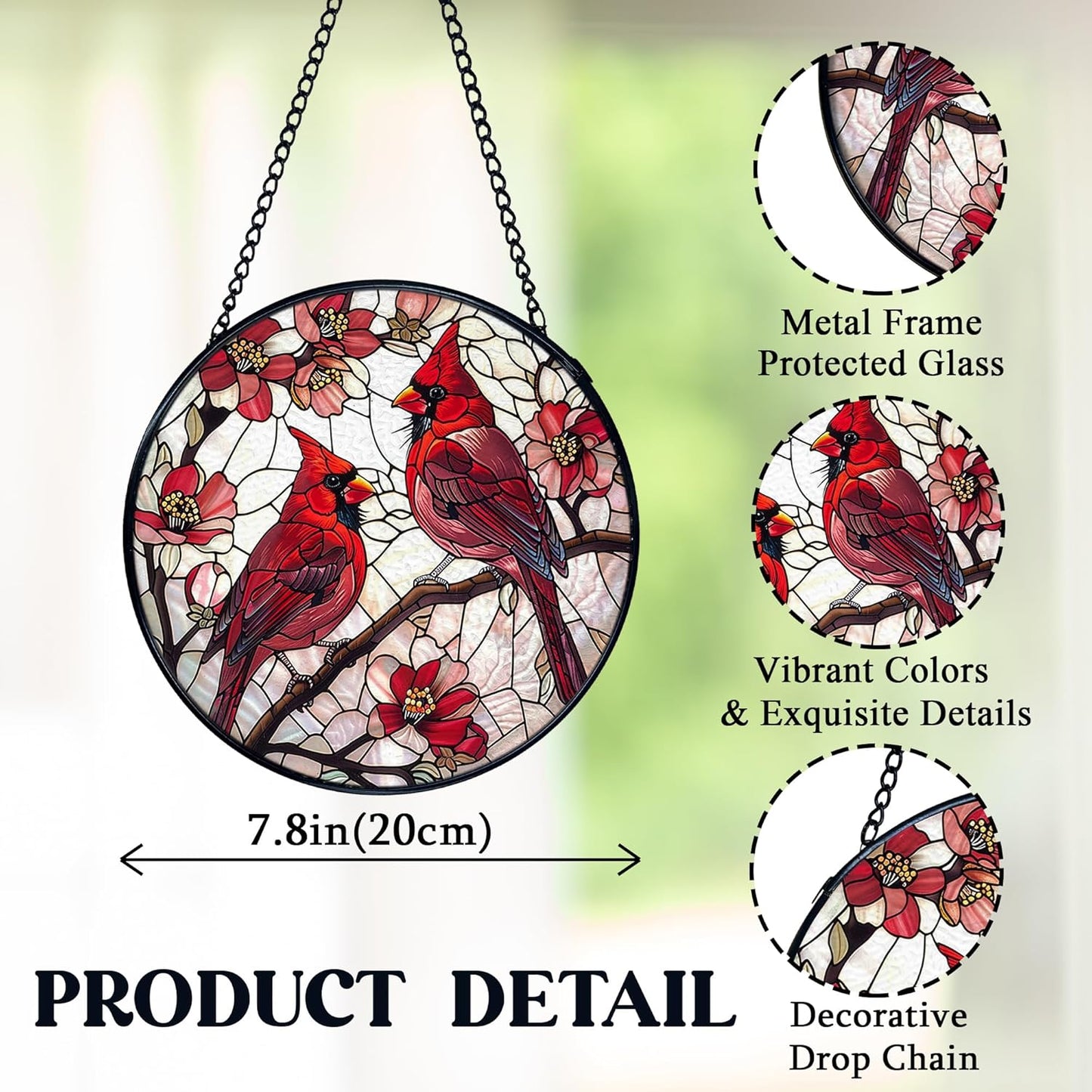 Cardinal Bird Stained Glass Window Hanging, Red Cardinal Flower Sun Catchers Indoor Window Round Glass Wall Art Decor, Bird Suncatcher Wall Hanging Decorations, Gardening & Lawn Care