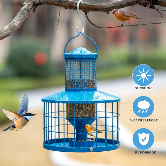 Caged Bird Feeders Squirrel-Proof, Metal, 2.8 Lbs Capacity-Cage Tube Seed Feeders with Tray Outdoor Hanging, Attract Birds,Detachable Cleaning, Starling Proof Wild Bird Feeder(Blue)