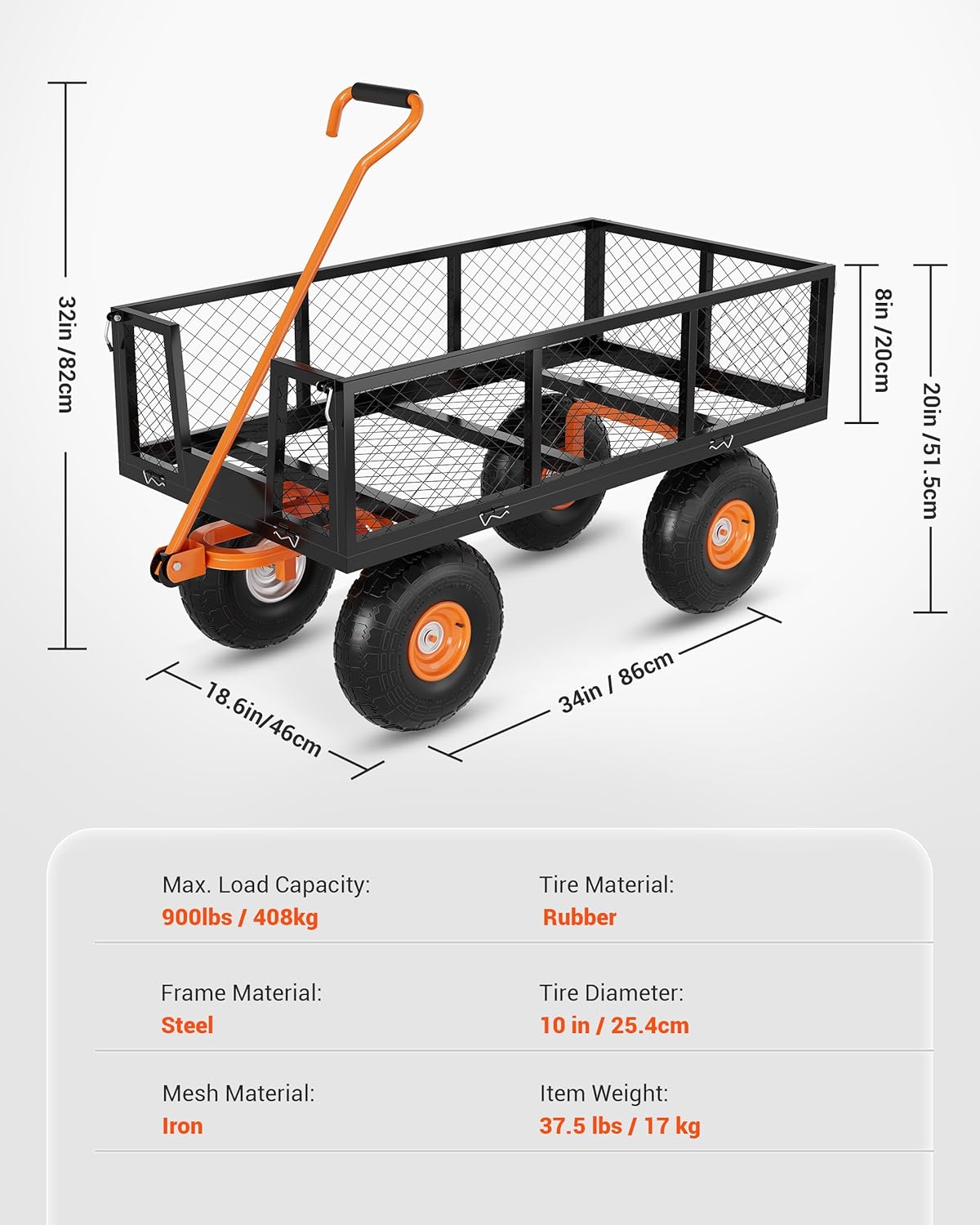 Heavy Duty 900 Lbs Capacity Steel Garden Cart, 3-in-1 Utility Metal Wa