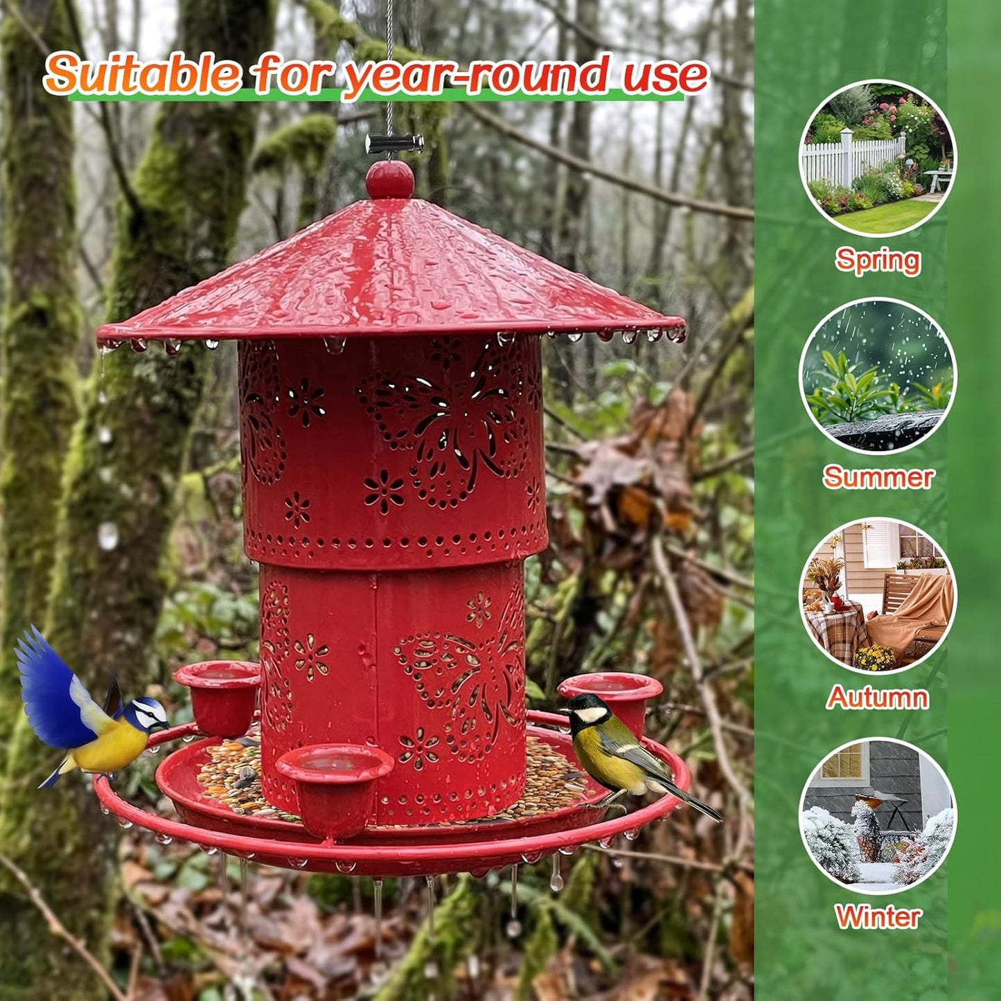 MIGHTYDUTY Wild Bird Feeders Hanging Squirrel Proof Bird Feeder 50 Ounces Large Capacity Foldable Metal Bird Seed Feeders with 3 Water Cups for Small Birds for Outdoors Garden Backyard (Red)