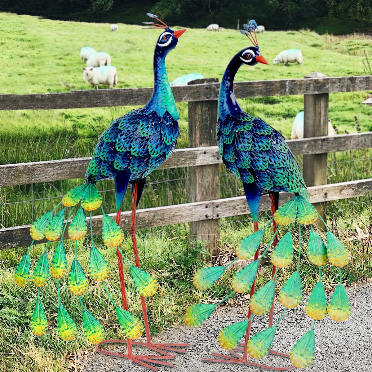 Kircust Solar Metal Peacock Statues - Set of 2 Weatherproof Outdoor Decor with Solar Lights for Garden, Yard, or Patio - Elegant Peacock Gifts