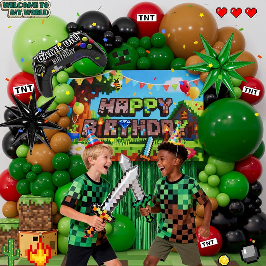 Pixel Gamer Birthday Decorations for Boys– All in One Party Decor Kit with Authentic Biome Colors (Cocoa Brown, Jungle Green, Black) – Includes TNT & Controller Foil Balloons, Backdrop, and Tablecloth
