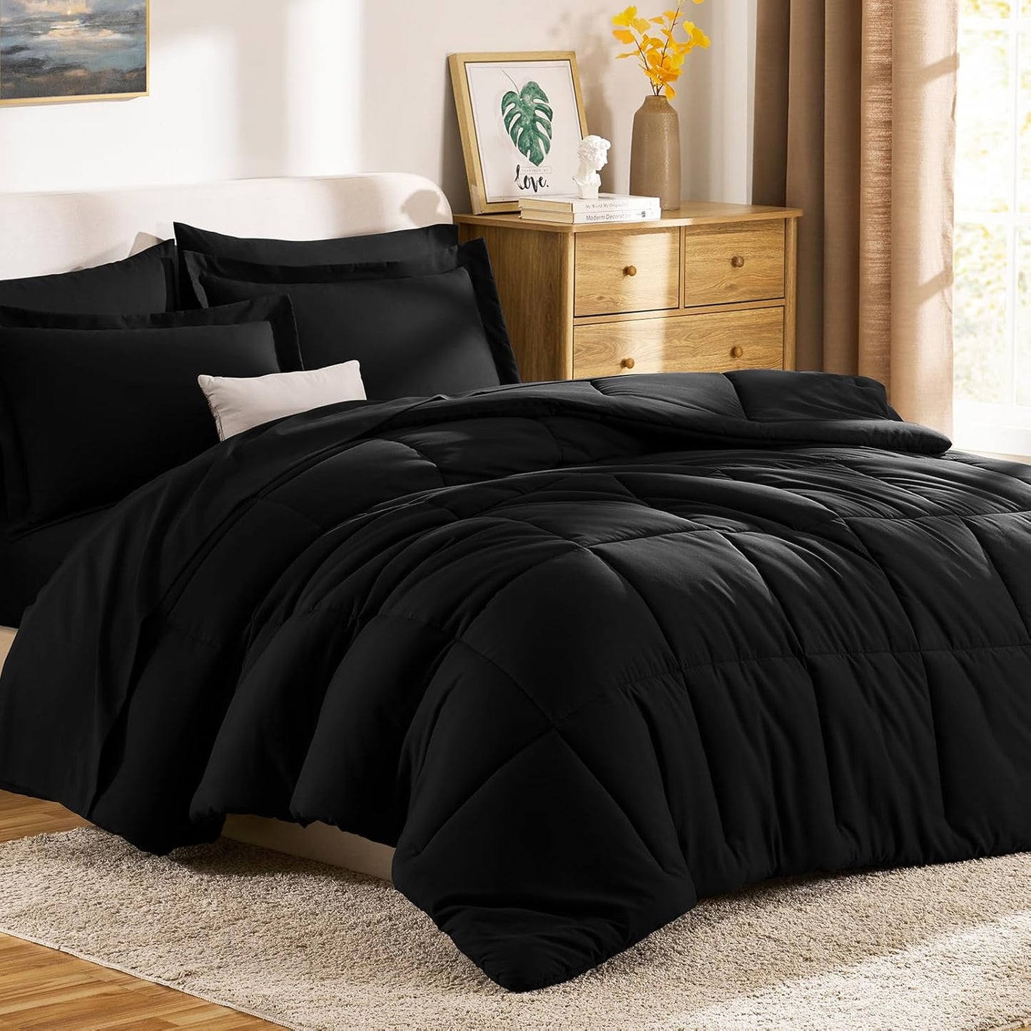 CozyLux Queen Comforter Set Black - 7 Pieces Bed in a Bag Queen, All Season Soft Bedding Set, Oeko-Tex Certified Bed Set with Down Alternative Comforter, Sheets, Pillowcases & Pillow Shams