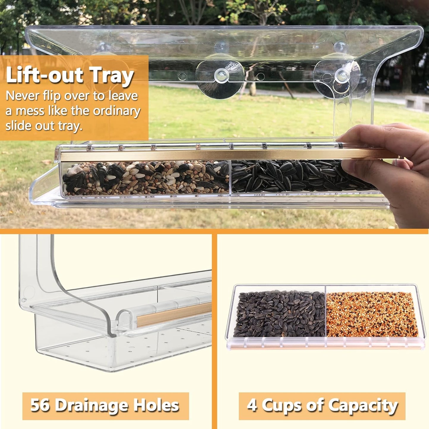 LUJII Shatterproof Window Bird Feeder with Strongest Suction Cups, Polycarbonate Window Mount Feeder with Crystal Clear View & Life-Out Tray, Fits Bigger Birds Like Cardinal or Blue Jay, Clear