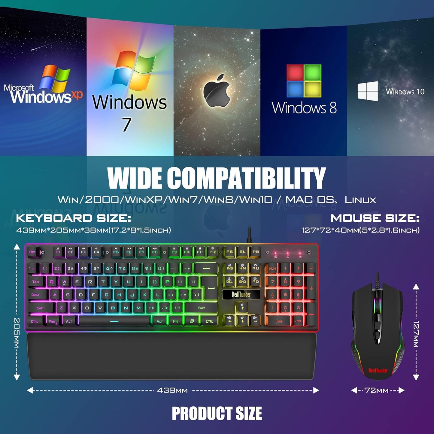 RedThunder K10 Wired Gaming Keyboard and Mouse and Wrist Rest Combo, R