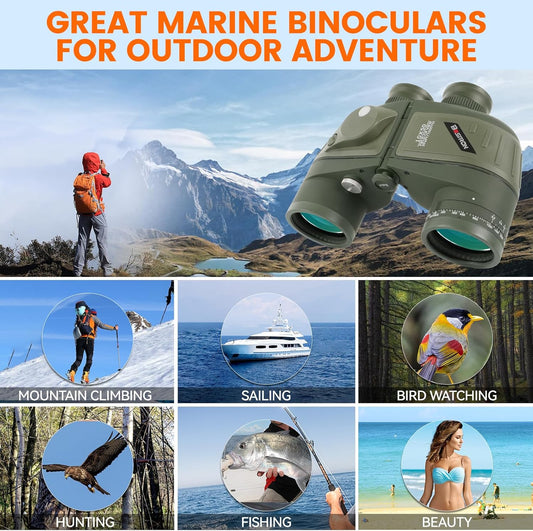10X50 Marine Binoculars with Rangefinder Compass, IPX7 Floating Waterproof Marine Binoculars for Adults with BAK4 Prism FMC Lens for Sailing Boating Navigation Bird Watching