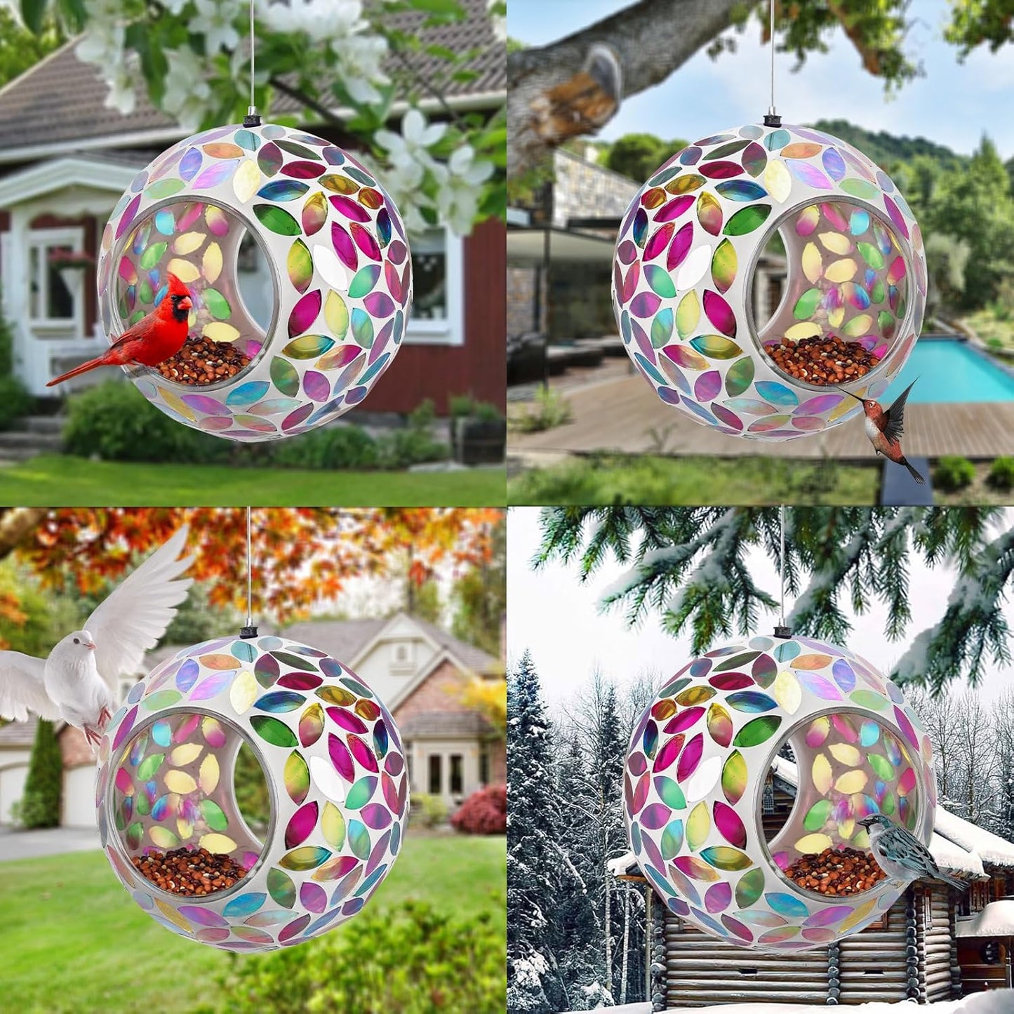 Yinns Bird Feeder - Mosaic Glass Birds Feeder Outside Hanging, Fly Through Bird Feeder with Oval Stained Glass, Outdoor Garden Decor, 6.5 inch Colorful