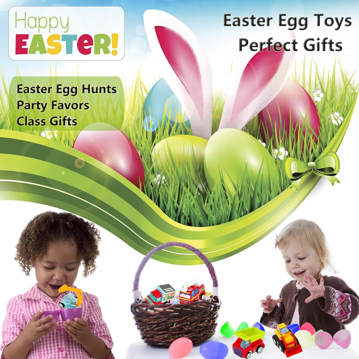 18 PCS Easter Egg Fillers with Toys Inside, Easter Basket Stuffers for Toddlers Filled Pull Back Engineering Vehicles Plastic Eggs Party Favors for Kids Egg Hunt Gift Easter Basket Essentials