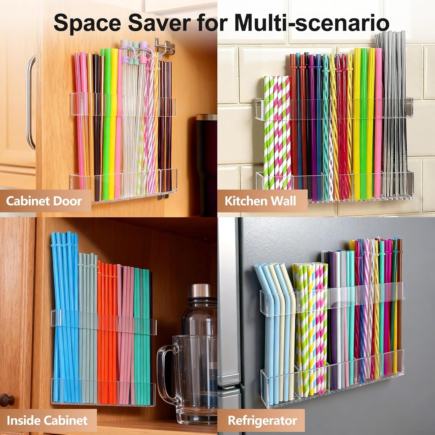 9.5” Large Acrylic Straw Holder for Cabinet Door, Reusable Adjustable Two-Part Straws Organizer with Ultra Sticky Adhesive Strips, 2026 Straw Storage for Kitchen Cupboard