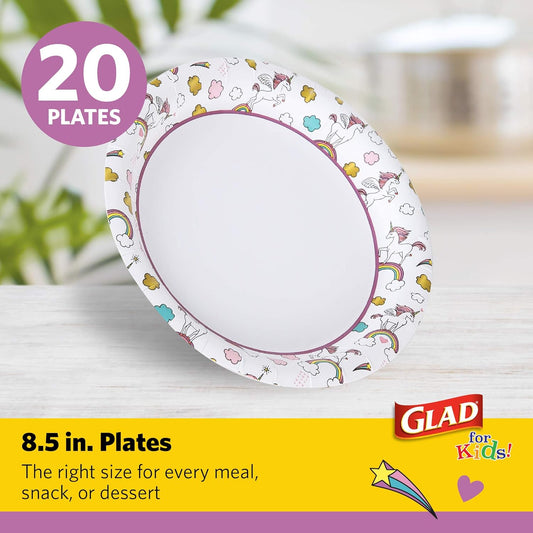 Glad for Kids Unicorn Theme Kids Plates, Heavy-Duty Round Disposable Paper Plates with Soak-Proof Coating, Microwave Safe for Snacks & Meals, Cute Unicorn Print, 8.5 Inch, 20 Count