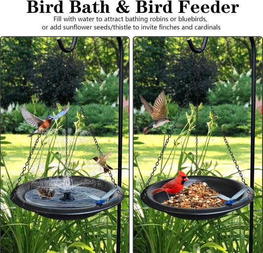 Hanging Bird Bath Outdoor 11.5" Metal Bowl with 15.5 in Rust-Proof Chains,Weather-Resistant Garden Birdbath with Magnetic Dragonfly for Backyard Decor,Matte Black