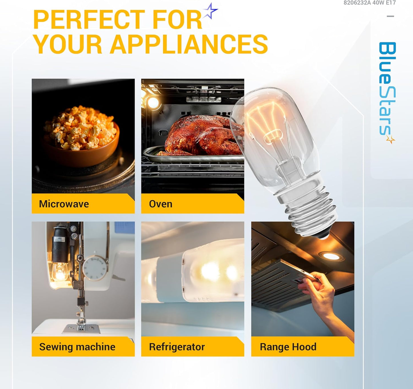 BlueStars 8206232A KEI 125V 40W Microwave Bulb E17 Base, Compatible with Whirlpool Microwave Light Bulb Under Hood, Lava Lamp, Salt Lamp Bulbs, Replaces 1890433 8206232 AP4512653, 3 Packs