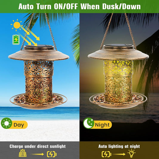 Metal Bird Feeder for Outdoor Hanging, Large Capacity Solar Wild Bird Feeder with Drainage Holes,Landing Ring, Solar Lanterns for Garden Decoration, Unique Bird Watching Gift for Outside
