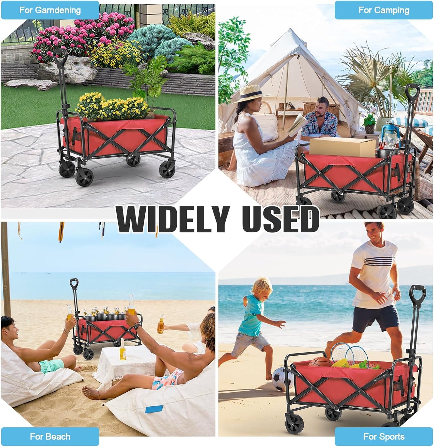 Collapsible Foldable Beach Wagon,Wagon Carts with Wheels folding,Utility Grocery Lounge Wagon for Sand Camping Sports Shopping Outdoor(Red).