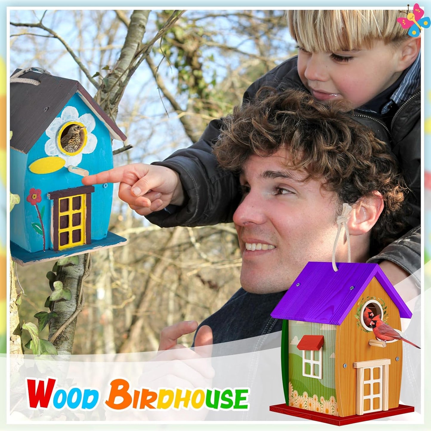 Liliful 2 Pack Wooden Bird House Kits, Build It Yourself Woodworking Kit for Adult Kids 4-8, 8-12 with Paint and Paintbrushes, Solid Weather Proof Natural Pine Wood, Pre Drilled (Rural Style)