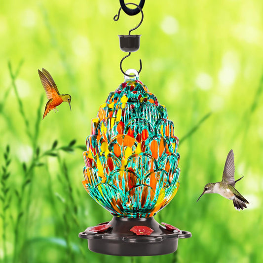 LUJII Pine Cone Shaped Hand Blown Glass Hummingbird Feeder for Outdoors Hanging, Rust Proof & Leak Proof, 25 fl.oz, Unique Gift for Women, Garden & Backyard Decor, Teal