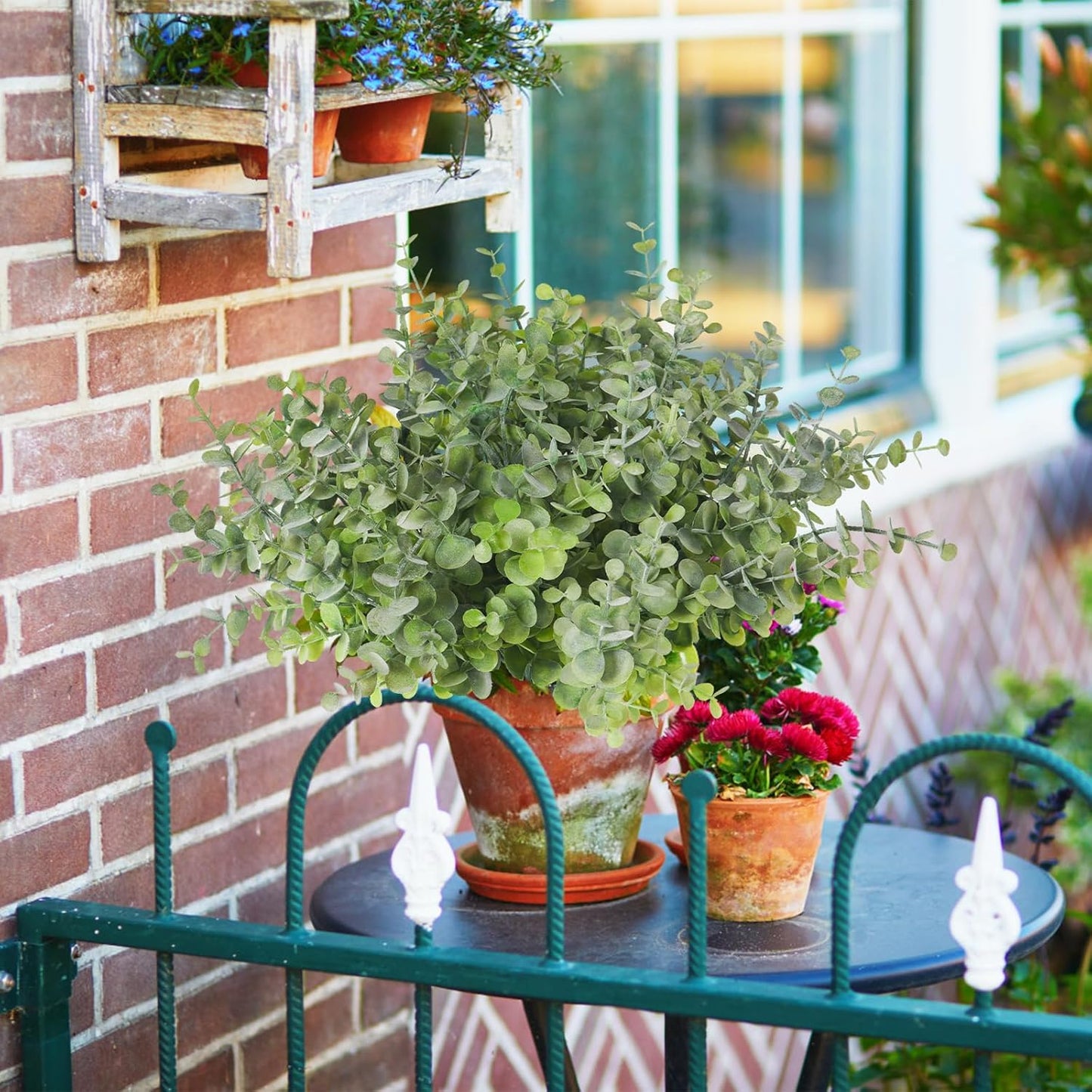 RECUTMS 12 Bundles Artificial Bushes Greenery Plants Stems Faux Shrubs Boxwood Plants Outdoor Fake Eucalyptus for Spring Farmhouse Home Wedding Patio Indoor Outdoor Easter Decor(Dusty Green)