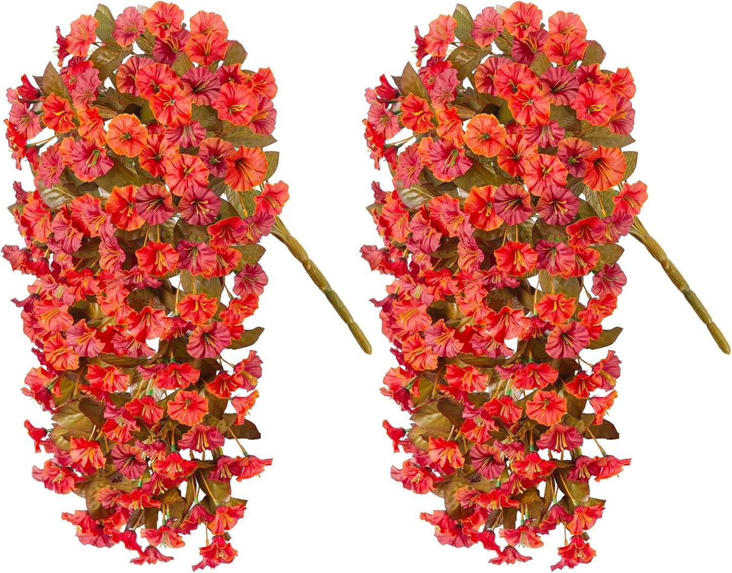 Artificial Fall Hanging Flowers for Outdoors Decoration, 2PCS Fake Plants Faux Realistic Silk Morning Glory Long Vines UV Resistant for Autumn Outside Porch Patio Balcony Yard Planter, OrangeRed