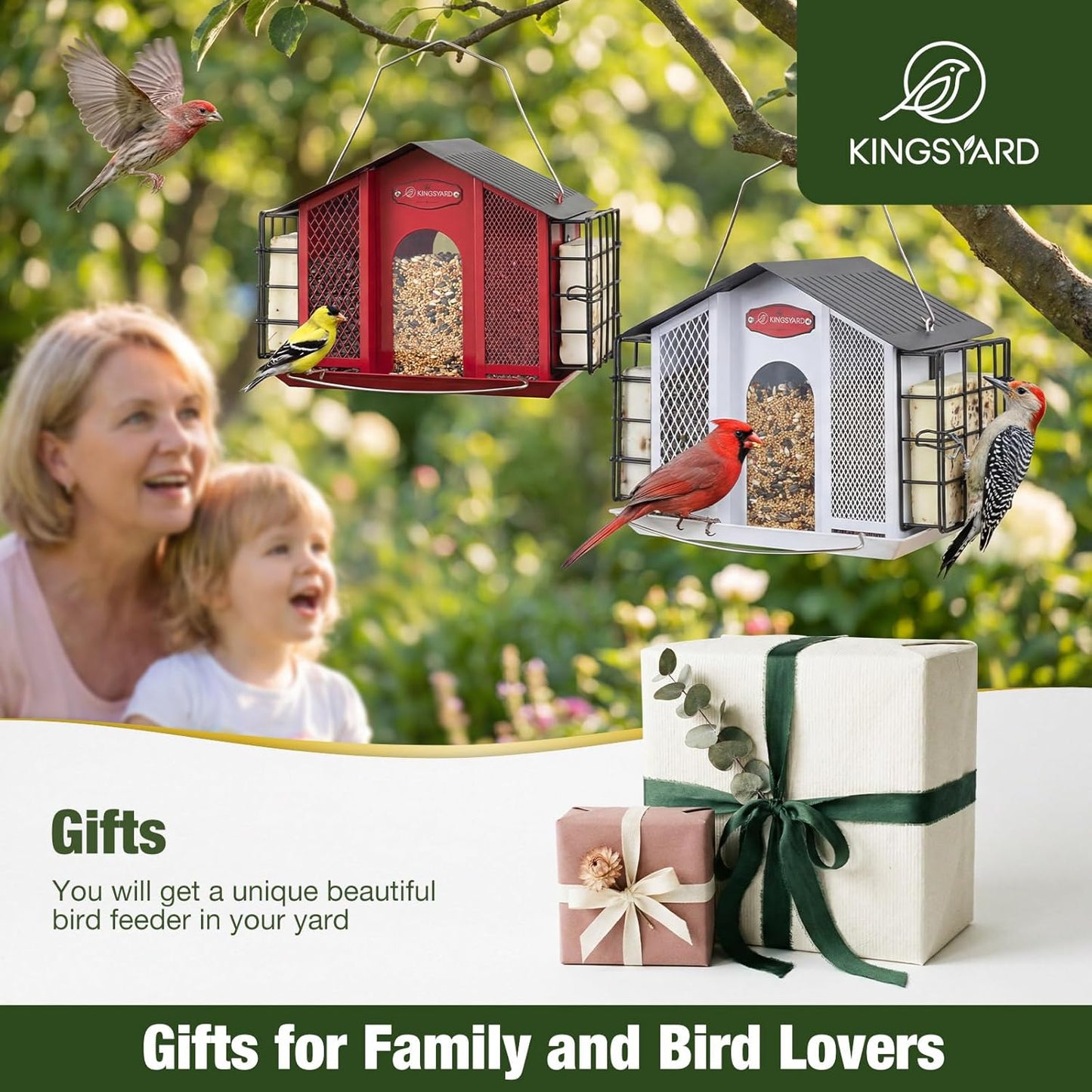 Kingsyard Large Metal Bird Feeders for Outdoors Hanging with Weatherproof Roof, 4 in 1 Removable Double Suet Feeder for Woodpecker, 4 Lbs Capacity for Cardinal Finch Chickadee, White