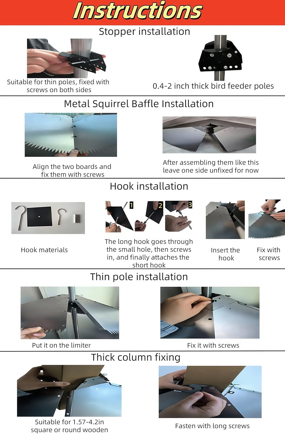 Metal Squirrel Baffle for Bird Feeder Pole, Adjustable Opening Size for 0.4-4.2'' Poles Or Woodpoles, Waterproof, Rust-Proof, Strong, with Hook