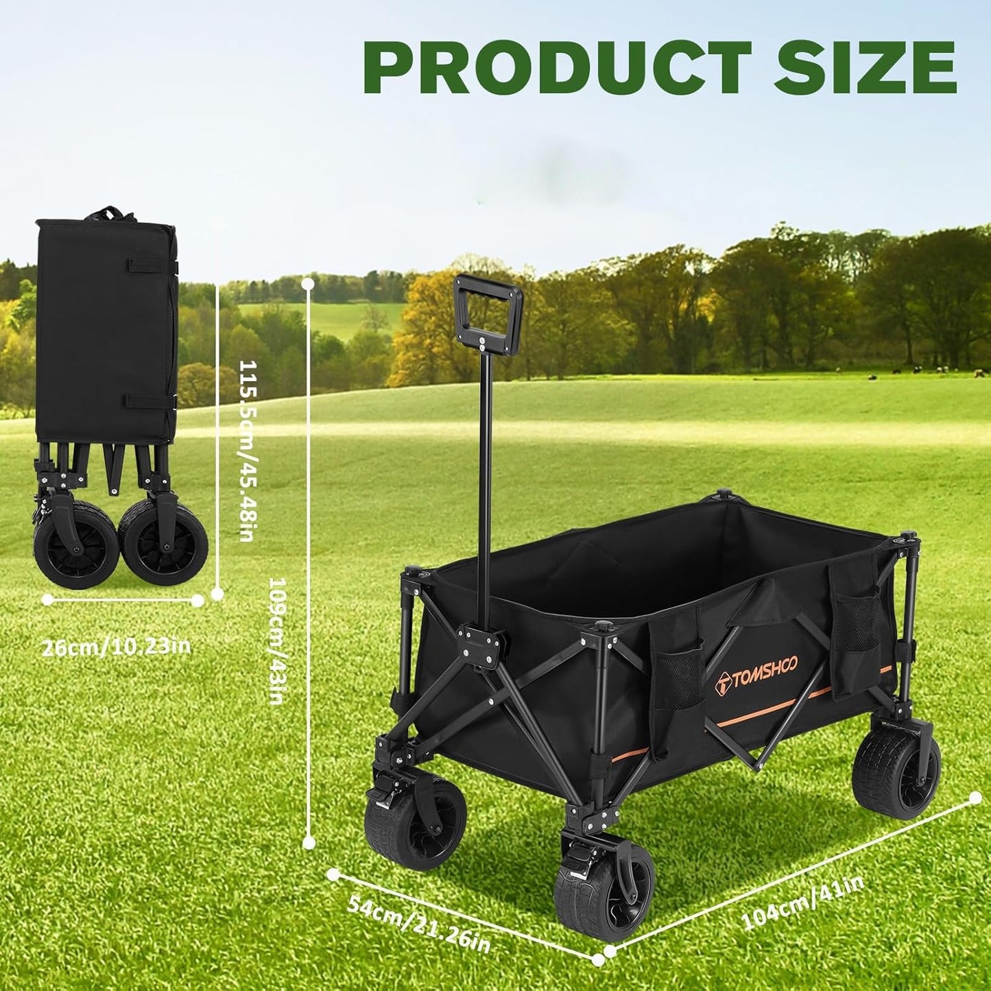 TOMSHOO Wagons Cart 120L Collapsible Wagon 330lbs Load Universal Wheels Wagons Carts Foldable with Cup Holders, Side Pocket and Brakes for Camping, Garden, Sports, Beach, Shopping, Black