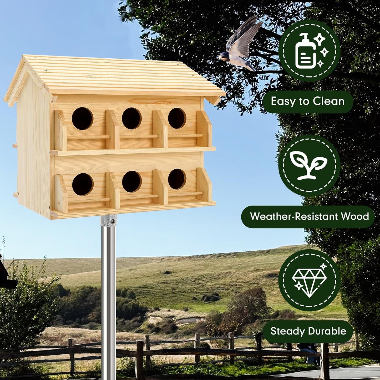 Bird House for Outside 12 Room Round Entry Large Purple Martin House for Garden Courtyard Backyard Decor 20 Inch Rustic Bluebird Wren Chickadee Sparrow Nest Box