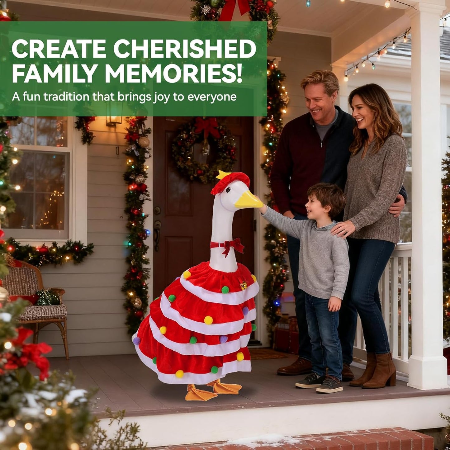 Christmas Porch Goose Outfits for 23 Inch Lawn Statue, 3 Pcs/Set Lawn Cement Goose Clothes with Bells, Bow, 4 layers' Coat for Mrs. Goose Statue Garden Yard Patio Party Decoration (RED)