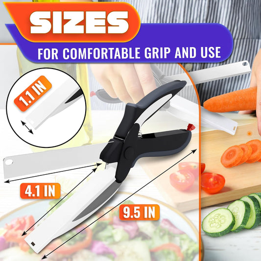 2 in 1 Kitchen Scissors for Food – Stainless Steel Blade & Plastic Cutting Board Scissors with Safety Lock | 9.5" Tomato Knife, Fruit & Vegetable Cutter – Easy-to-Use Kitchen Shears for Meat, Cheese