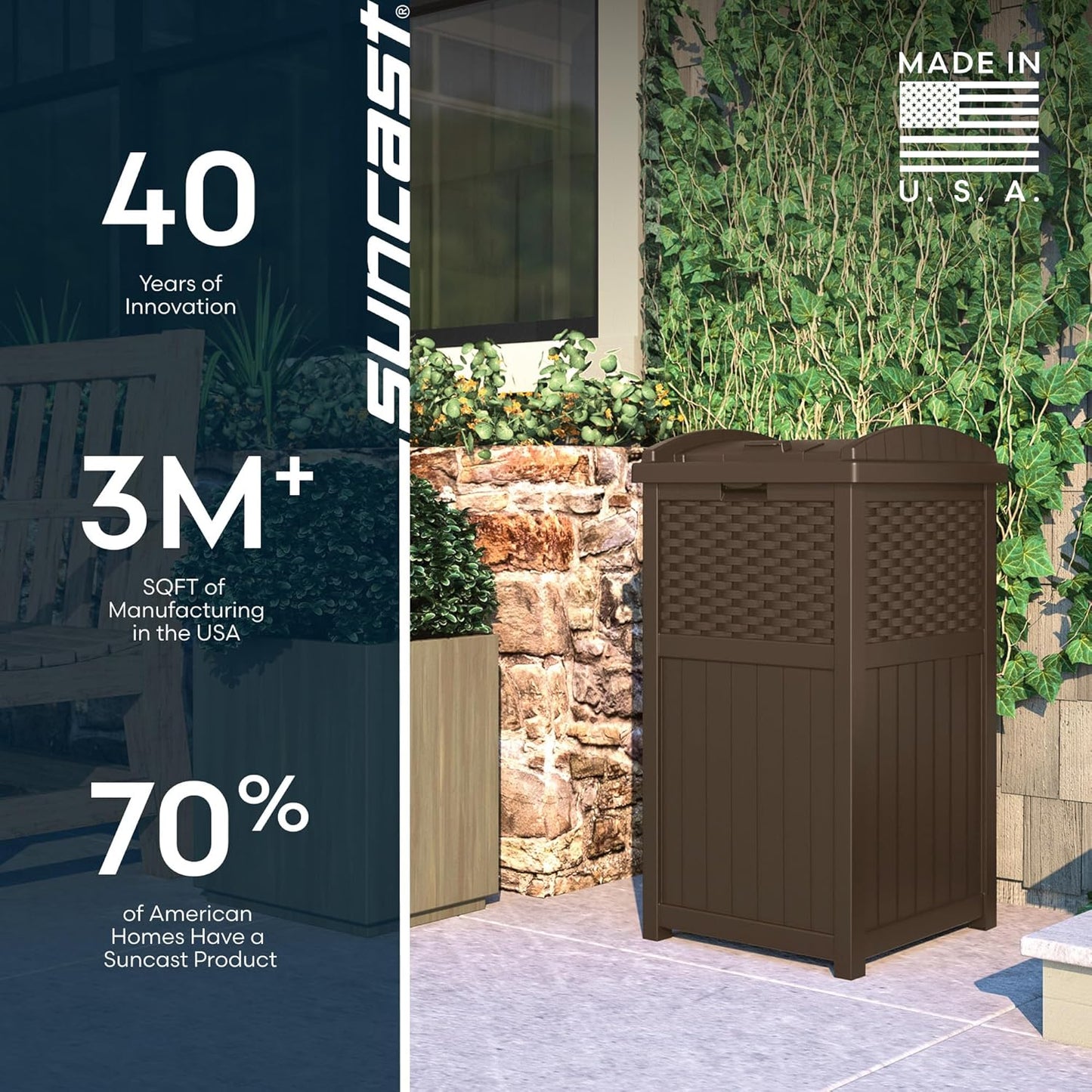 Suncast 33 Gallon Commercial Outdoor Trashcan Hideaway with Lid for 30