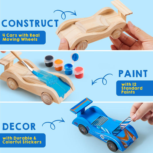 Klever Kits 4 DIY Wooden Race Cars-Build & Paint Your Own Wood Craft K