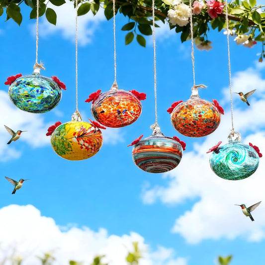 kanpura 6 PCS Hummingbird Feeders for Outdoors Hand Blown Glass Hummingbird Feeder with 2 Flower Feeding Ports Never Fade, Gardening Gifts for Woman Man