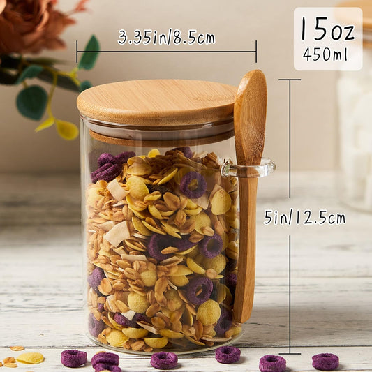Glass Sugar Container with Spoon - 2 Pack 15oz Glass Jars with Bamboo